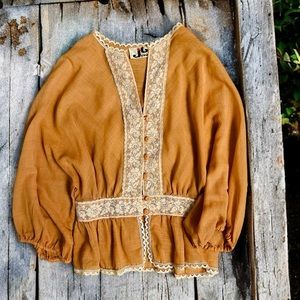 Vintage Jody of California Button Down Peach Lace Long Sleeve Blouse | Size XS